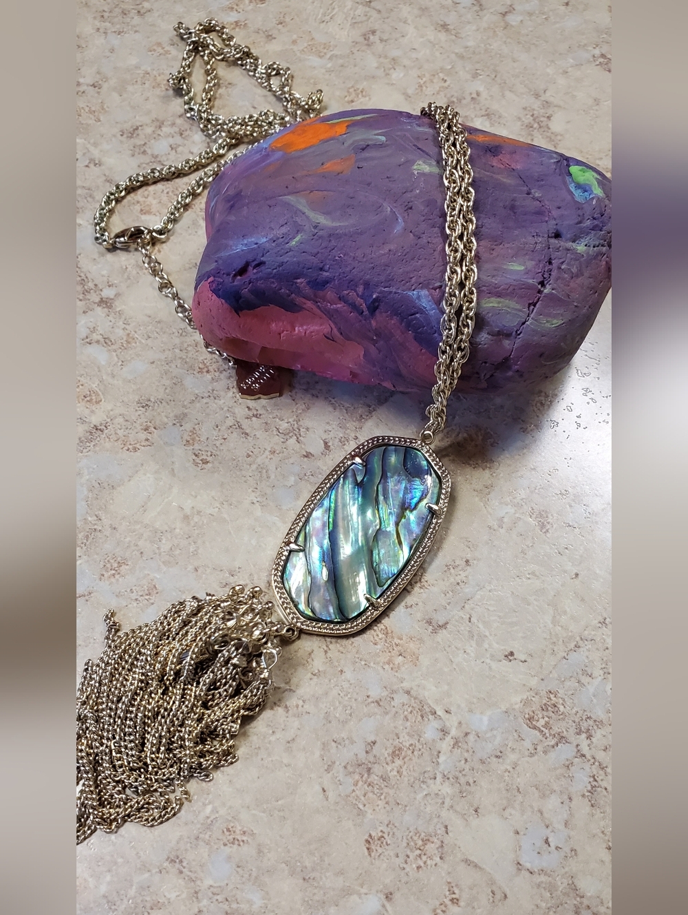 Kendra Scott Rayne Gold Tassel Necklace with Iridescent Abalone